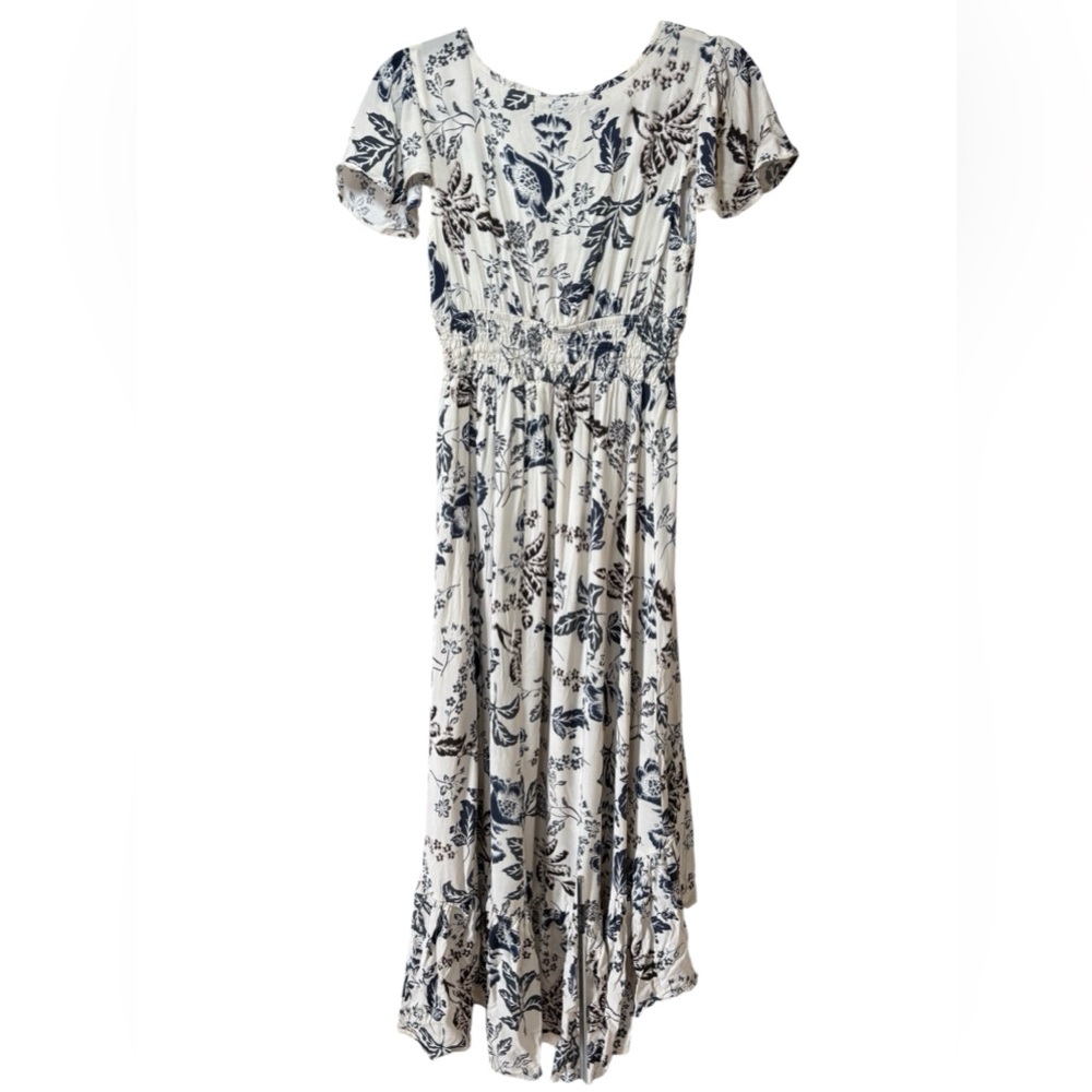 Vintage Y2K Cream Blue Botanical Floral High Low Cottagecore Dress S Prairie - Picture 3 of 12